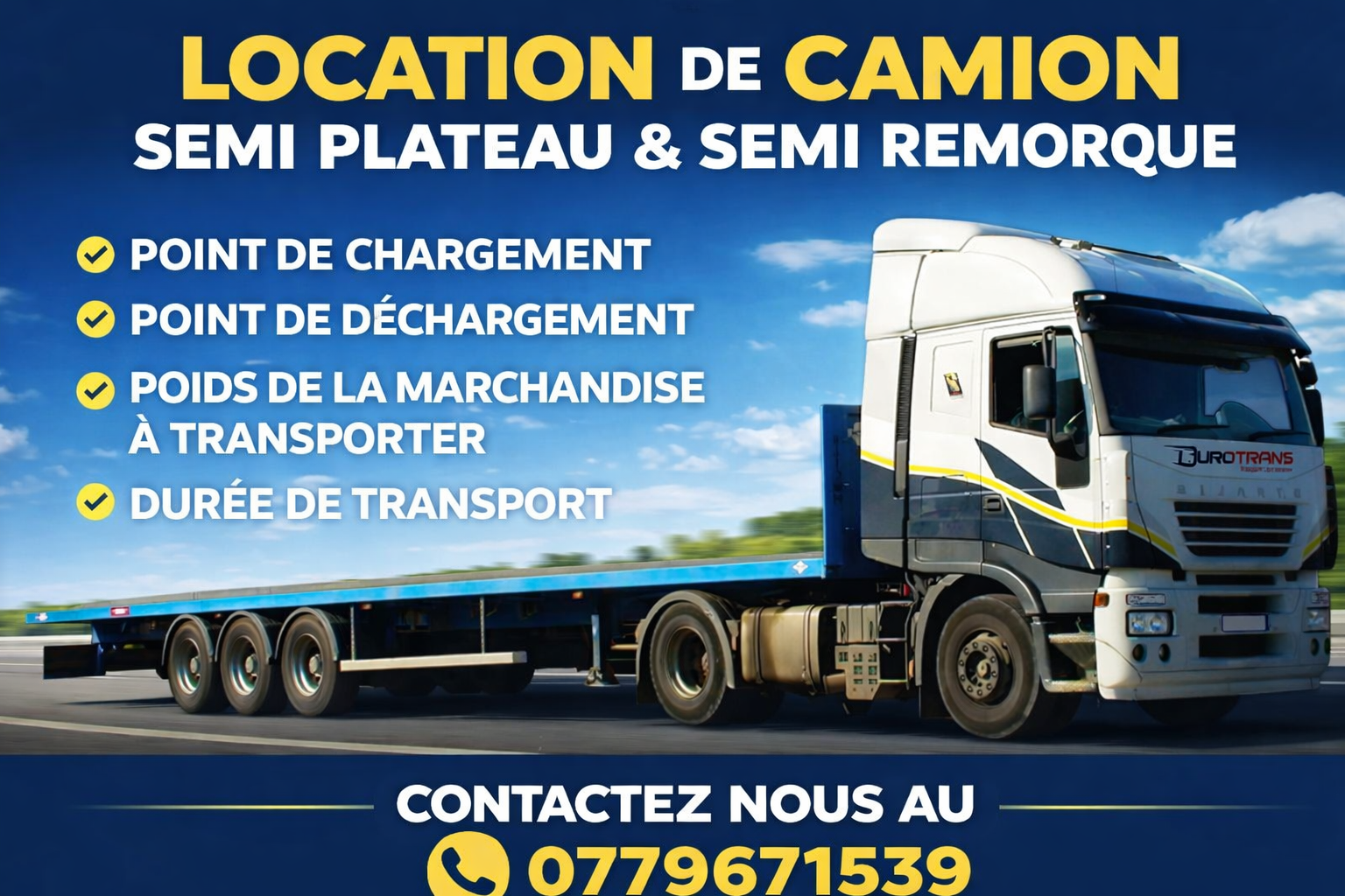 Location camion semi plateau et remorque