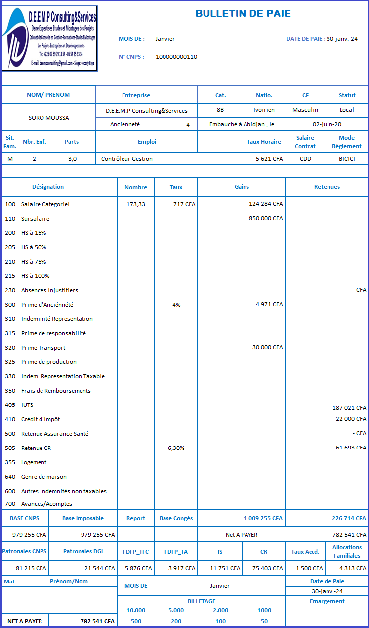 Boite a outil Paie ou Bulletins automatisés sur Excel (ITS Côte d’Ivoire)