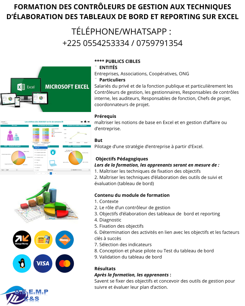 FORMATION DES CONTROLEURS DE GESTION AUX TECHNIQUES D’ELABORATION DES TABLEAUX DE BORD EXCEL