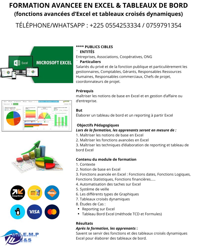 formation avancée en excel et TCD (tableaux de bord et reporting)